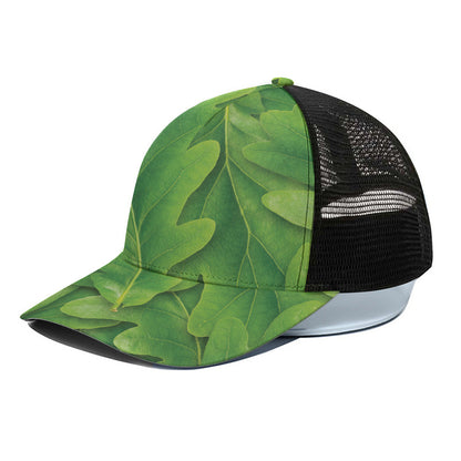 Green Oak Leaf Print Black Mesh Trucker Cap
