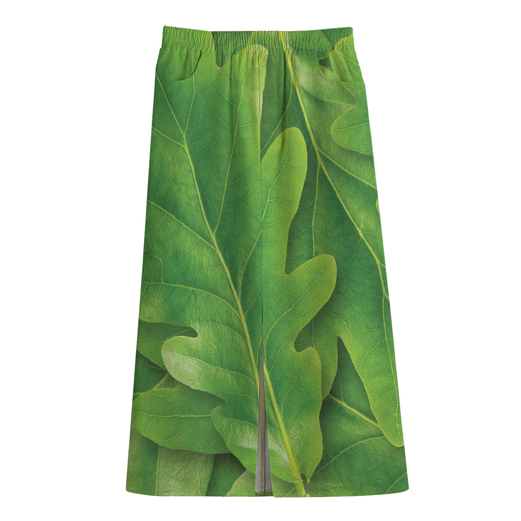 Green Oak Leaf Print Cotton Front Slit Maxi Skirt