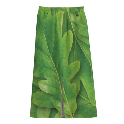 Green Oak Leaf Print Cotton Front Slit Maxi Skirt