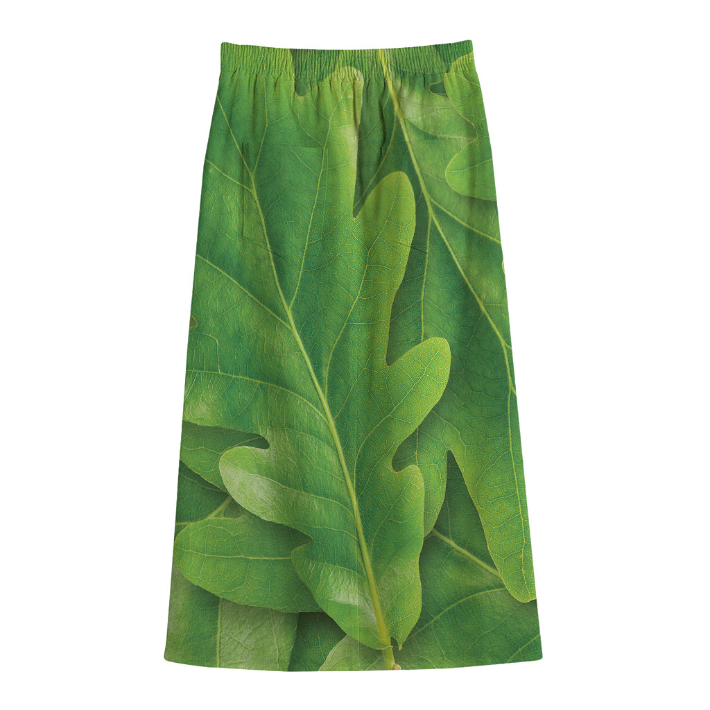 Green Oak Leaf Print Cotton Front Slit Maxi Skirt