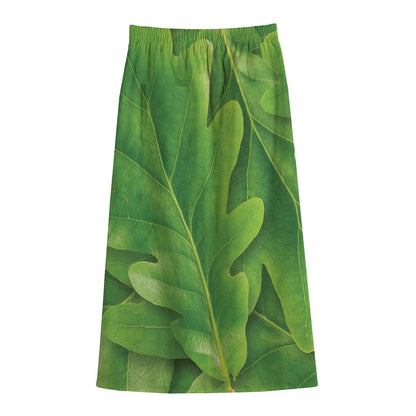 Green Oak Leaf Print Cotton Front Slit Maxi Skirt