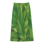 Green Oak Leaf Print Cotton Front Slit Maxi Skirt