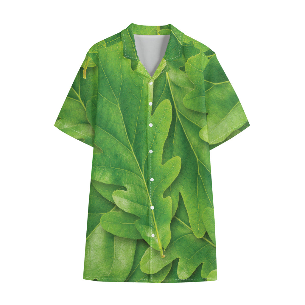 Green Oak Leaf Print Cotton Hawaiian Shirt