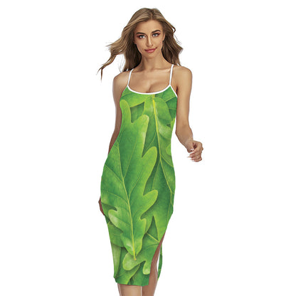 Green Oak Leaf Print Cross Back Cami Dress