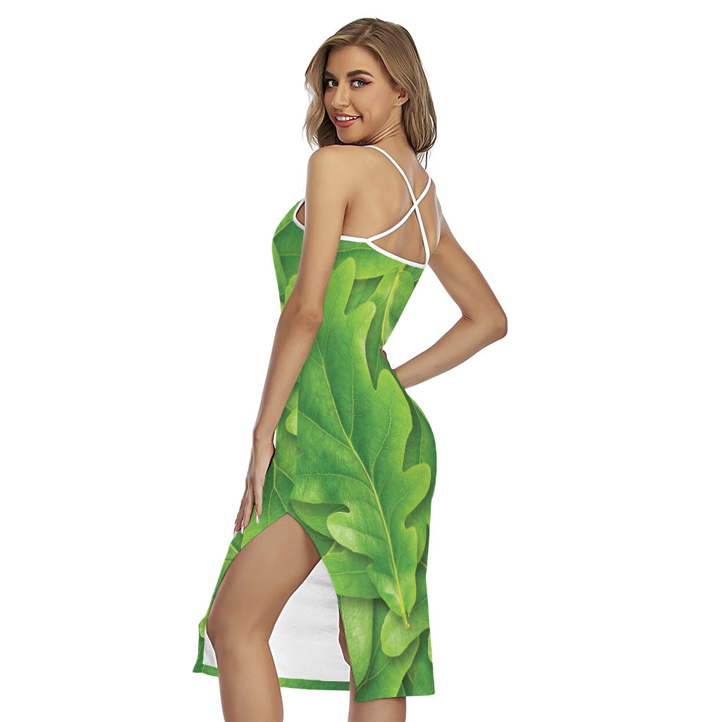 Green Oak Leaf Print Cross Back Cami Dress