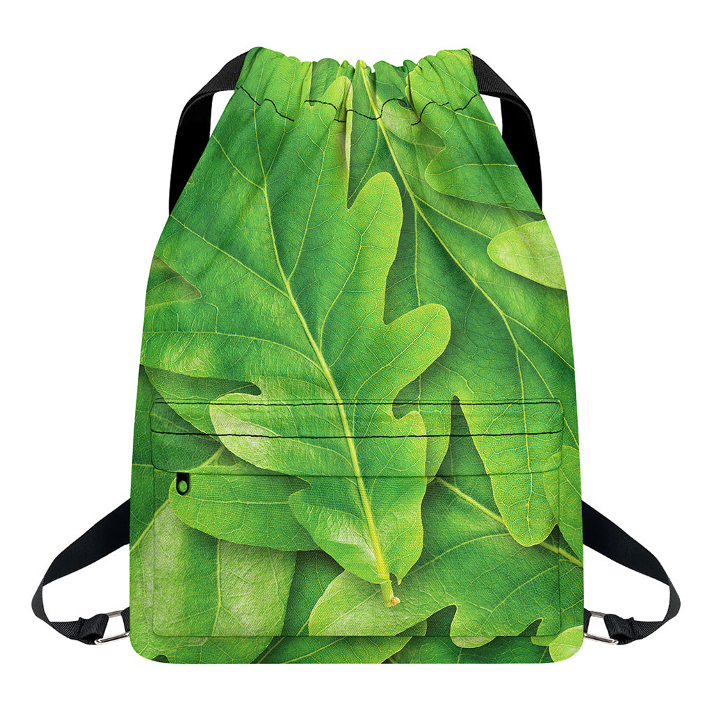 Green Oak Leaf Print Drawstring Backpack