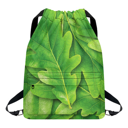 Green Oak Leaf Print Drawstring Backpack