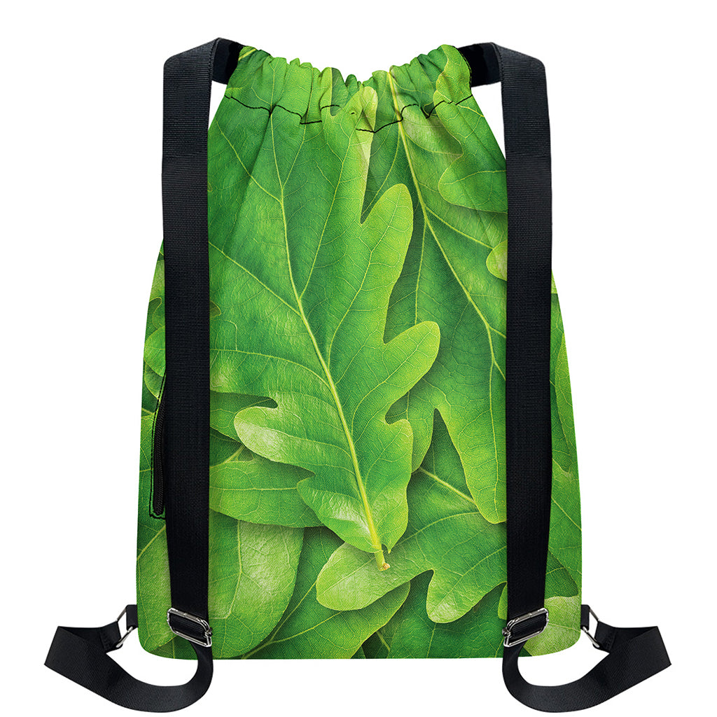 Green Oak Leaf Print Drawstring Backpack