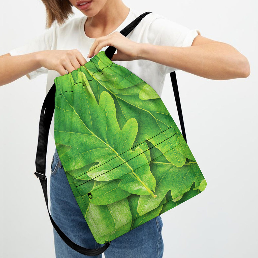Green Oak Leaf Print Drawstring Backpack