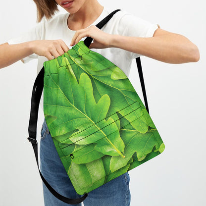 Green Oak Leaf Print Drawstring Backpack