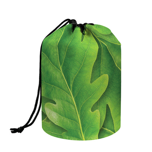 Green Oak Leaf Print Drawstring Makeup Bag