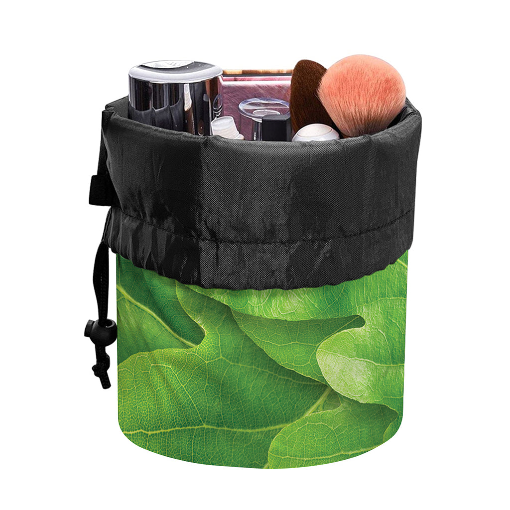 Green Oak Leaf Print Drawstring Makeup Bag