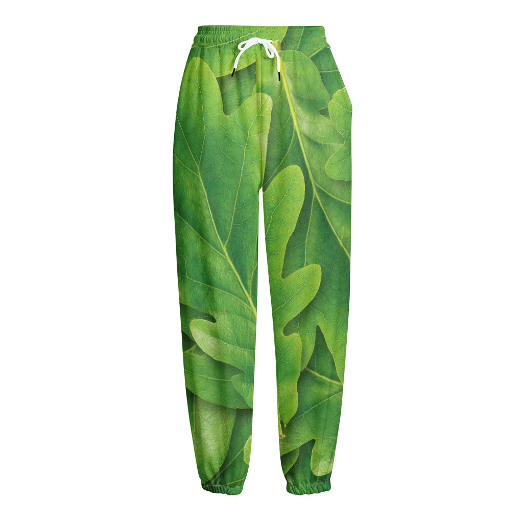 Green Oak Leaf Print Fleece Lined Knit Pants