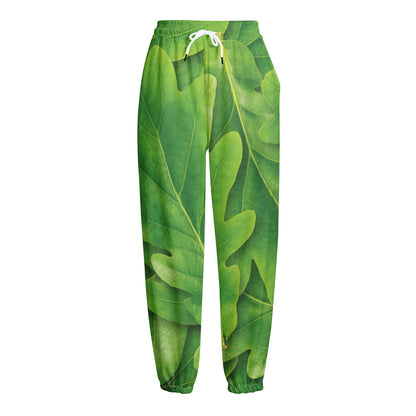 Green Oak Leaf Print Fleece Lined Knit Pants