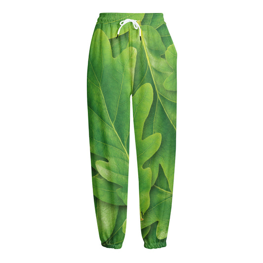 Green Oak Leaf Print Fleece Lined Knit Pants