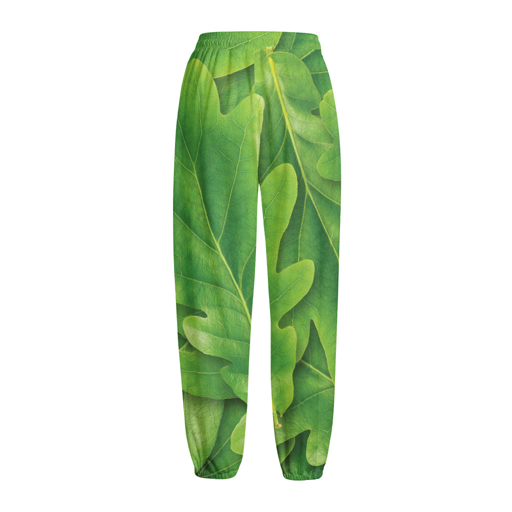 Green Oak Leaf Print Fleece Lined Knit Pants