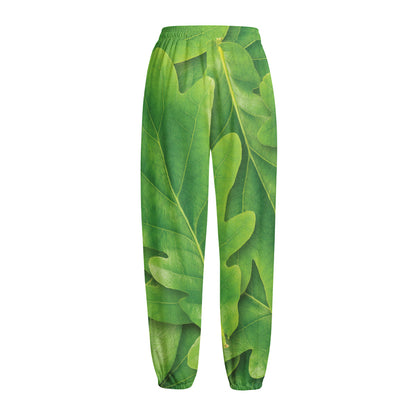 Green Oak Leaf Print Fleece Lined Knit Pants