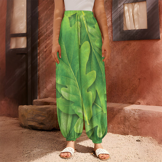 Green Oak Leaf Print Harem Pants