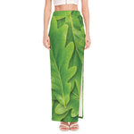 Green Oak Leaf Print High Slit Maxi Skirt
