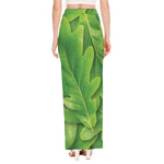 Green Oak Leaf Print High Slit Maxi Skirt