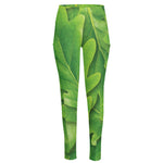 Green Oak Leaf Print High-Waisted Pocket Leggings