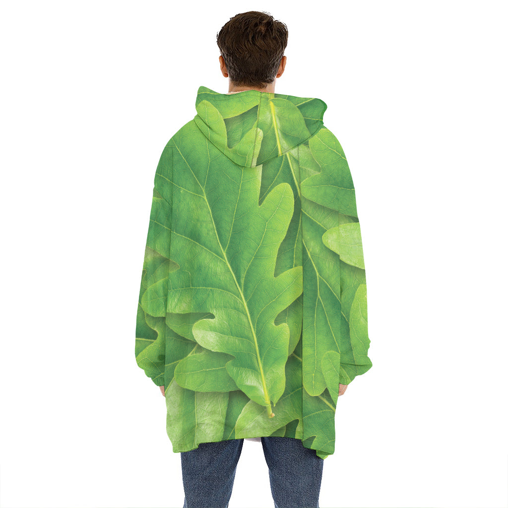 Green Oak Leaf Print Hoodie Blanket