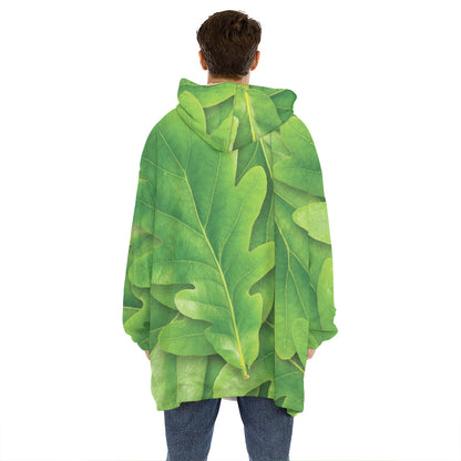Green Oak Leaf Print Hoodie Blanket