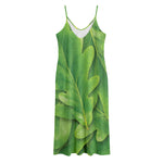 Green Oak Leaf Print Jersey Midi Cami Dress