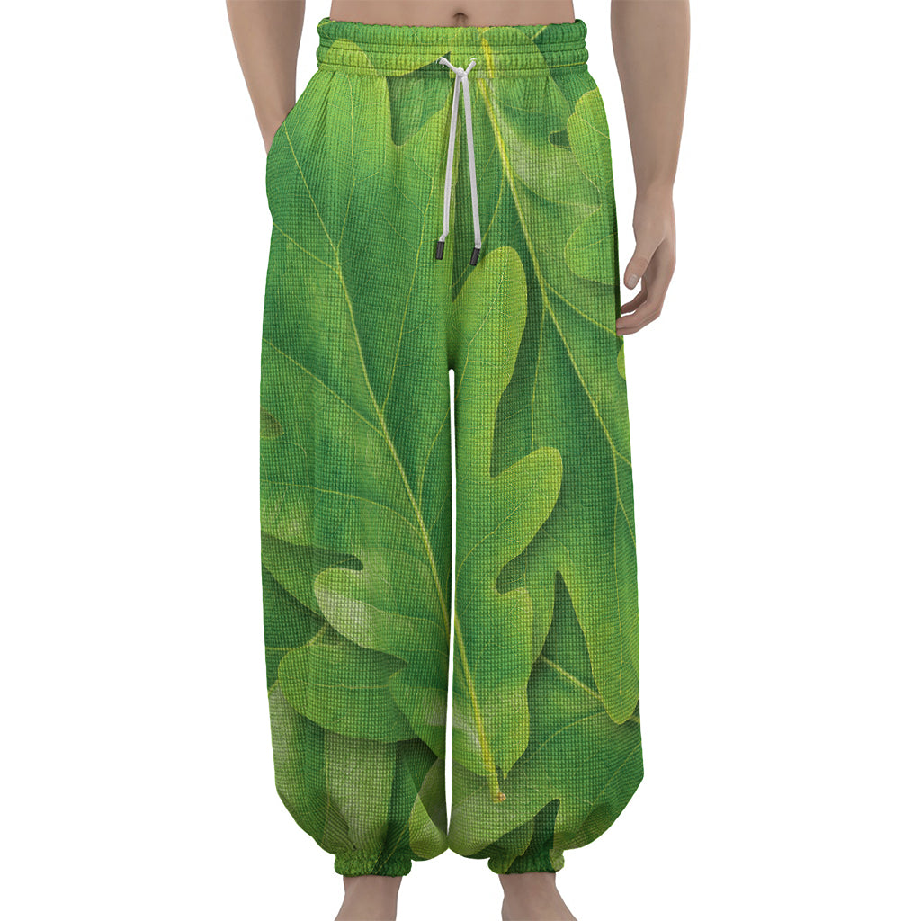 Green Oak Leaf Print Lantern Pants