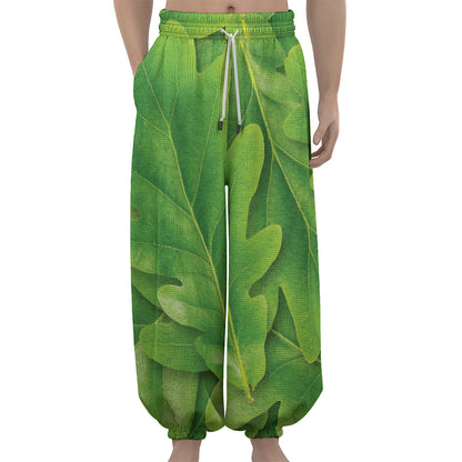 Green Oak Leaf Print Lantern Pants