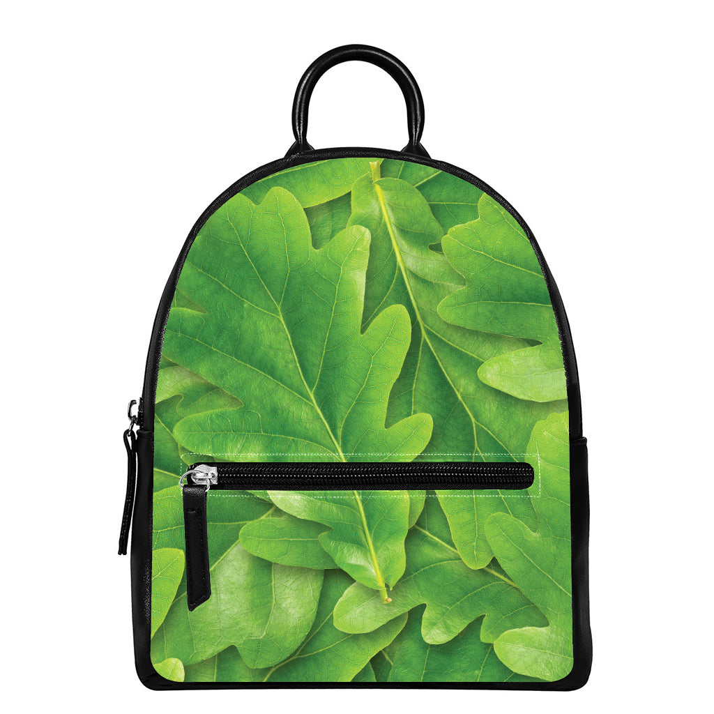 Green Oak Leaf Print Leather Backpack