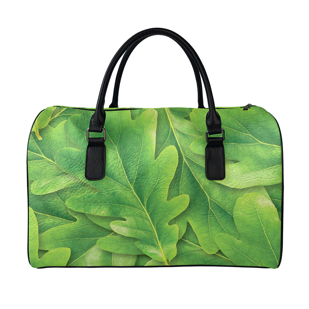 Green Oak Leaf Print Leather Duffle Bag