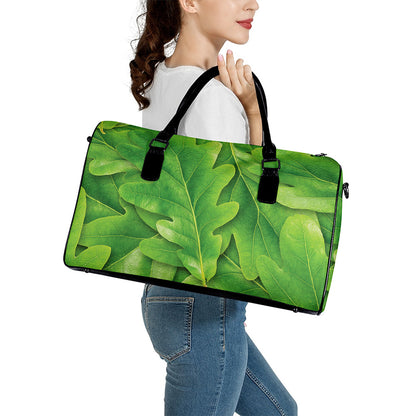 Green Oak Leaf Print Leather Duffle Bag