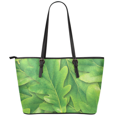 Green Oak Leaf Print Leather Tote Bag