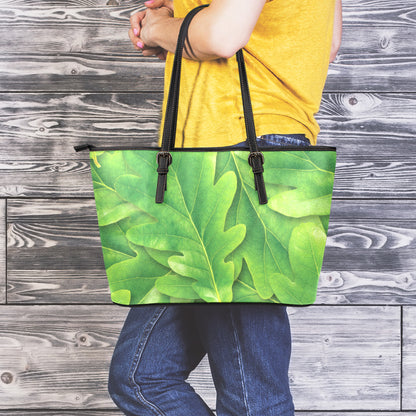 Green Oak Leaf Print Leather Tote Bag