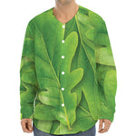 Green Oak Leaf Print Long Sleeve Baseball Jersey