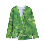 Green Oak Leaf Print Long Sleeve Short Coat