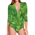 Green Oak Leaf Print Long Sleeve Swimsuit