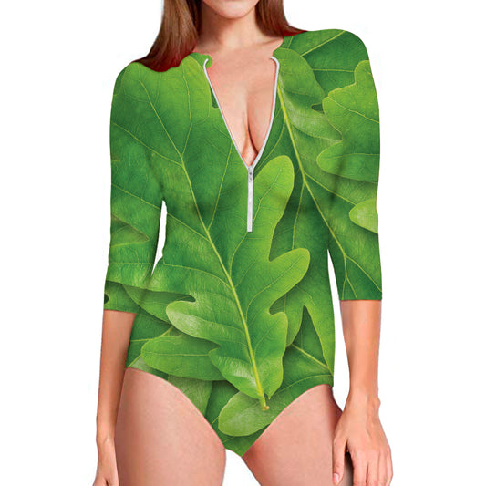 Green Oak Leaf Print Long Sleeve Swimsuit