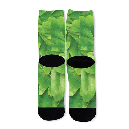 Green Oak Leaf Print Long Socks