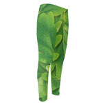 Green Oak Leaf Print Men's Compression Pants