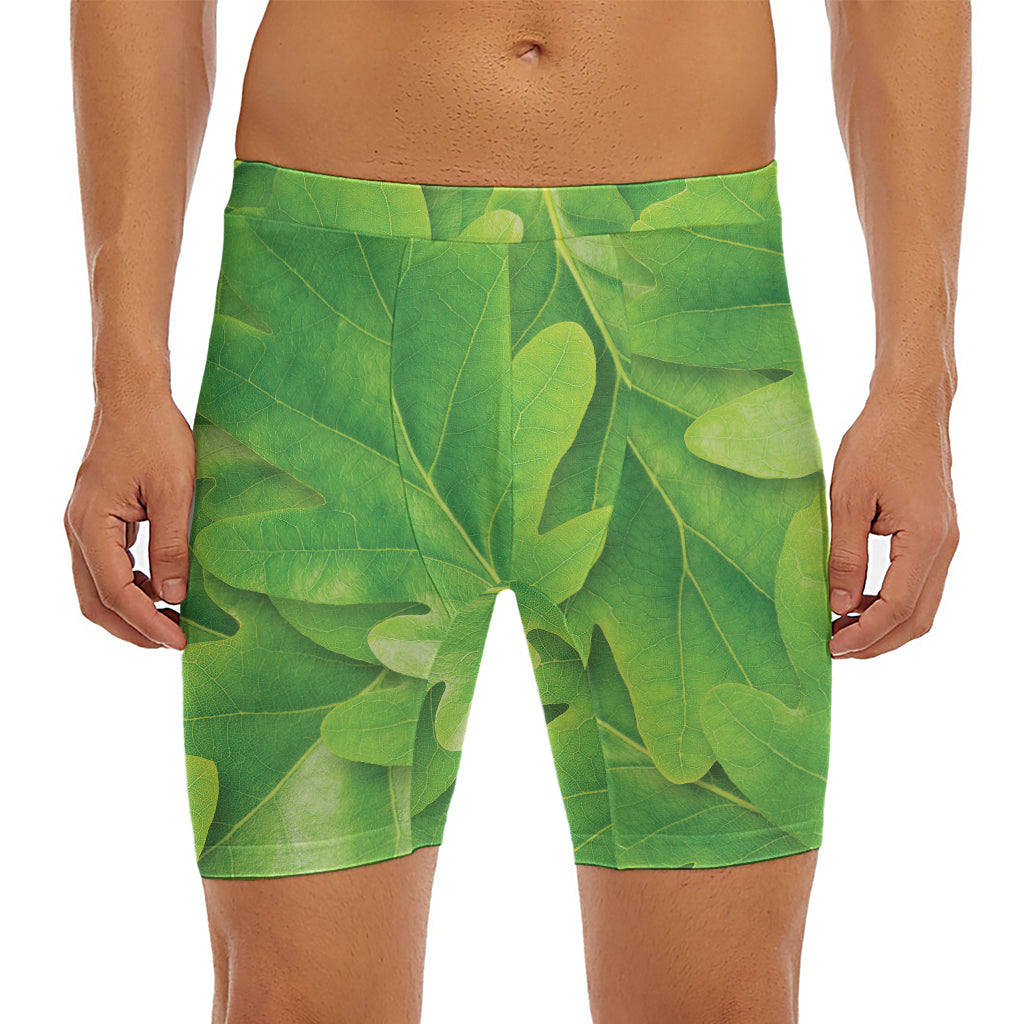 Green Oak Leaf Print Men's Long Boxer Briefs