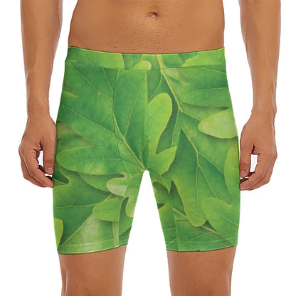 Green Oak Leaf Print Men's Long Boxer Briefs