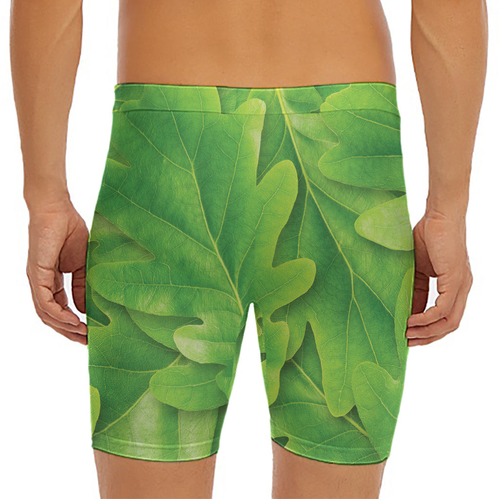 Green Oak Leaf Print Men's Long Boxer Briefs