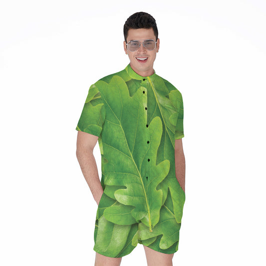 Green Oak Leaf Print Men's Rompers