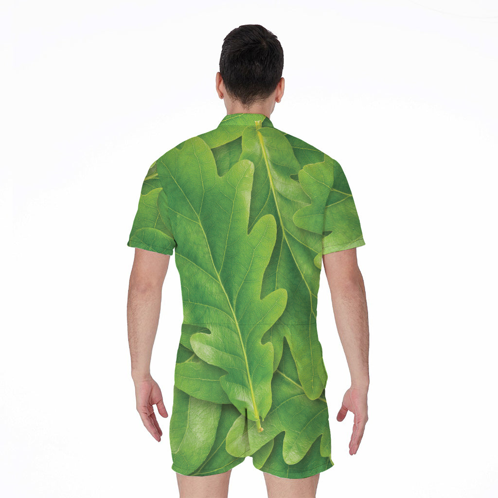Green Oak Leaf Print Men's Rompers
