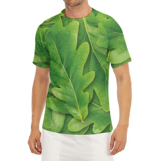 Green Oak Leaf Print Men's Short Sleeve Rash Guard