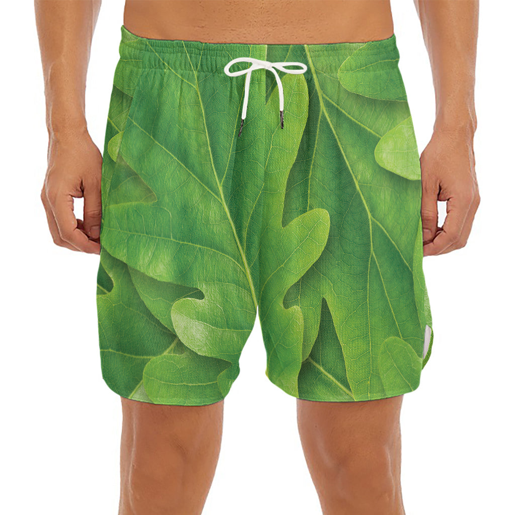 Green Oak Leaf Print Men's Split Running Shorts