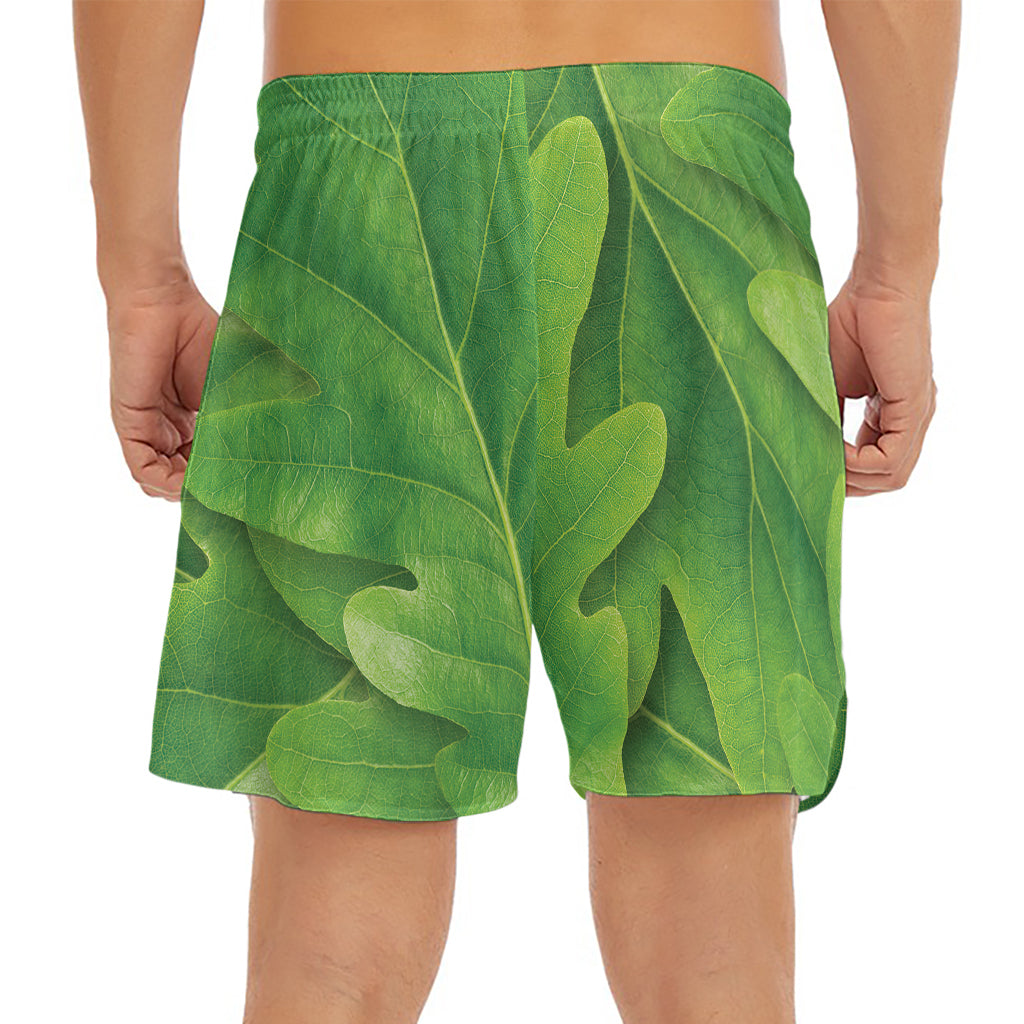 Green Oak Leaf Print Men's Split Running Shorts