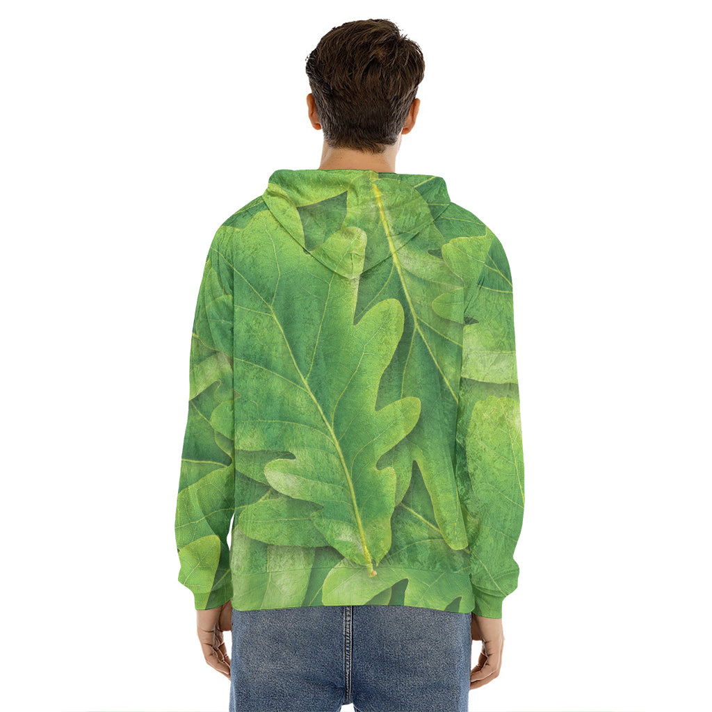 Green Oak Leaf Print Men's Velvet Pullover Hoodie